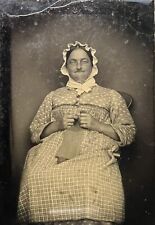 Tintype of Man in Granny Outfit, Bonnet & Smock, Knitting. Rare & Unique Image. picture