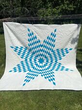 Old Hand Sewn Highly Quilted Star Pattern Blue Quilt Textile BIG 93 X 92 picture