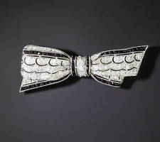 Edwardian Retro Bow Design Lab-Created Diamonds & Black Onyx Beautiful Brooch picture