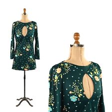 Vintage 60s 70s Dark Green Bell Sleeve Abstract Floral Mini Mod Shift Dress S picture