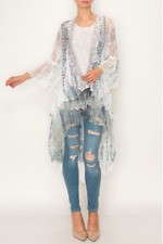 Origami Lace Western Vintage Bohemian Hi Lo Cardigan - Ivory Turquoise Duster picture