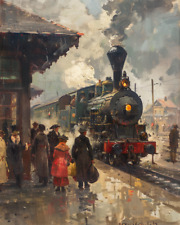 Vintage Train Station Painting - Passengers Boarding Era 8x10 Print picture