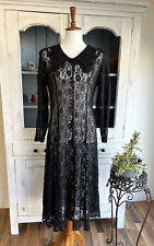 Vtg Dress Sz 14 Dawn Joy Black Sheer Lace Witchy Button Front Goth Victorian picture