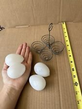 Antique Vintage Metal Wire 4 Egg Display Rack Holder Patina With 4 Glass Eggs picture