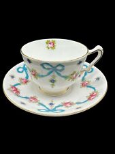 Antique CROWN STAFFORDSHIRE Bone China Teacup & Saucer “Blue Bow” Pattern picture