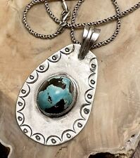 OOAK Vtg Earth Looking Southwestern Turquoise Pendant 925 Silver Necklace 20” picture