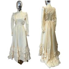 Vintage 70s Rare Prairie Victorian Wedding Dress Women Size XS Cream Ruffle Maxi picture
