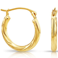 14K Real Solid Yellow Gold Twisted Round Creole Hoops Earrings Small Size 15MM picture