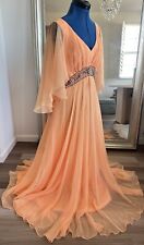 Vintage 60s 70s Melon Orange Chiffon Floral Beaded Goddess Maxi Dress Gown *Flaw picture