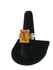 Sterling Silver .925 Vintage Orange Citrine Stone Rectangle Ring Size 8 14g picture