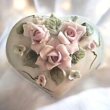 Vintage Lefton Heart-Shaped Trinket Box with Pink Roses, Footed, 2.5” picture