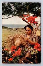 HI-Hawaii, Hawaiian Hat Weaver, Antique, Vintage Souvenir Postcard picture