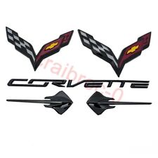 5PC Gloss Black Front Rear Stingray Cross Flags Emblem Kit 2014-2019 Corvette C7 picture