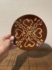 Vintage Henderson Redware Plate, Yellow Slip Hearts, Made in Maine, Signed picture