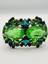 Lilien Czech Vintage Green Uranium Faceted Glass Clamper Bracelet SIGNED 6.75in picture