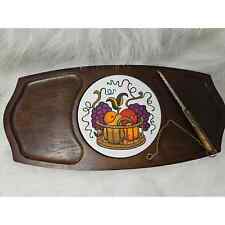 Vintage Cheese & Cracker Charcuterie Board. Wood and Ceramic w/ attached Knife  picture