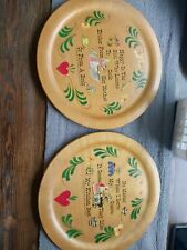 Vtg Hand Painted Wooden Folk Art Wall Plate No Matter Where I Serve Set of 2 picture