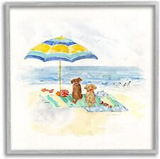 Stupell Industries Cute Playful Dogs Relaxing Beach Umbrella Shoreline Painting picture