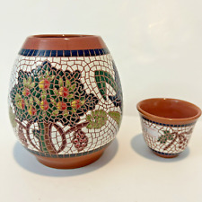 Two MADABA pottery handmade in JORDAN Tree of Life Blue Iris mosaic terracotta picture