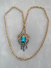 Vintage 1940s Art Deco Blue Topaz Glass Dangle Pendant Necklace 24