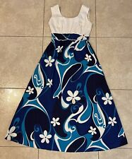 VTG Hawaiian Dress 1970s Maxi Bark Cloth Blue Purple White Mod Floral Muumuu picture