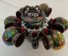 Vintage Mexican Redware Pottery Tea Pot & Cups Hand Painted Folk Art Mexico 1995 picture