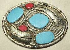 Beautiful Southwest Silver? Turquoise? Coral? Belt Buckle Feathers Broken Read picture