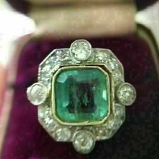 Antique Art Deco 3.50 Ct Green Emerald & White Diamond Vintage Wedding Ring picture