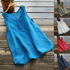 Vintage Solid Women Casual Summer Linen Tops Tee Sleeveless Loose Vest Blouse picture