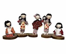 Lot Of 5 Vintage Japanese Girls Carrying Children Folk Fabric Handmade Dolls picture