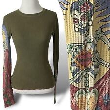 Vintage 90s Y2K Lucky Brand Santeria Tattoo Sleeves Thermal Tee Army Green Med picture