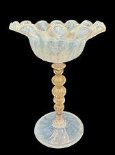 Vintage Venetian Murano Glass Opalescent Gold Tazza Wine Cup Goblet Compote 7” picture