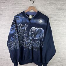 VINTAGE Wolf Sweatshirt Mens XL Blue Art Unlimited 90s Nature All Over Print AOP picture