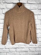 GARNET HILL Women's Tan Cable Knit High Neck Cashmere Sweater Medium picture