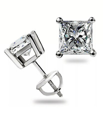 4 Ct Princess Cut FL/D Lab Created Studs Earrings 14K White Gold 7mm Screw Back picture