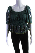 The Great Womens Cotton Floral Embroidered Hem Ruched Blouse Top Green Size 1 picture