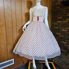Vintage 50s Rockabilly Cherry Red Flocked Polka Dot Circle Party Prom Dress S picture