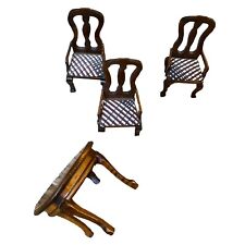 Vintage Wooden Miniature Dollhouse Broken Dining Table & 4 Chairs Fabric Seats picture