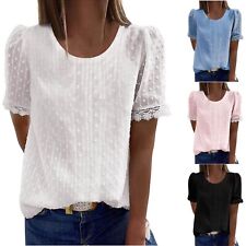 Women's Summer Tops Dressy Casual Puff Short Sleeve T-Shirt O Neck Solid Top Tee picture