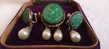 Vintage 70s Gold Plated (1/20 - 12 Karat) Jade Broach and Earrings picture