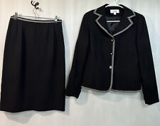 Vintage Le Suit Black White Trim Skirt Suit Sz 8 Lined Shoulder Pads Button Up picture