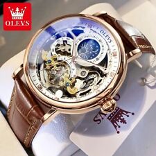 OLEVS Mens' Automatic Mechanical Watch Skeleton Moon Phase Leather Strap Watch picture