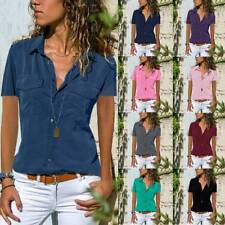 Womens Short Sleeve Casual T Shirt Tops Ladies Work OL Button Up Blouse Shirt US picture