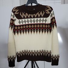Vintage Nordic Sweater Woman Medium Brown Beige White Chunky Knit Argyle Ski 80s picture