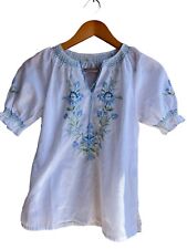 Vintage 70s White Peasant Top Short Puff Sleeves Floral Embroidered Size SMALL picture