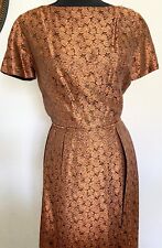 50s Brocade Vintage Floral Wiggle Pencil Party Dress Copper Iridescent picture