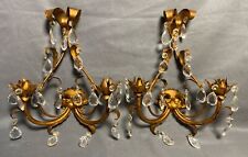 Vintage Pair of Italian Gilt Tole Candle Sconces Prisms Crystals Candelabra picture