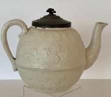 Early Salt Glaze Stoneware Teapot Flower Spearhead Pewter Finial Lid early 1800 picture