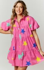 Peach Love Star Print Poplin Shirt Dress Women's size large Pink colorful. Party picture