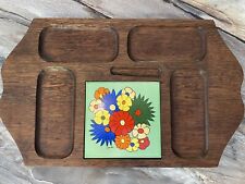 MCM Charcuterie Cheese Cutting Board Wood Ceramic Tile Green 1970 Floral Vintage picture